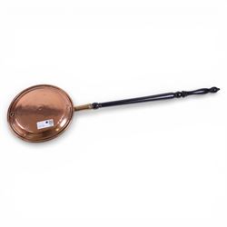 19th century brass jam pan, D38.5cm, together with a copper bed warming pan, approximately L105cm, and a mahogany framed wall mirror, H77cm