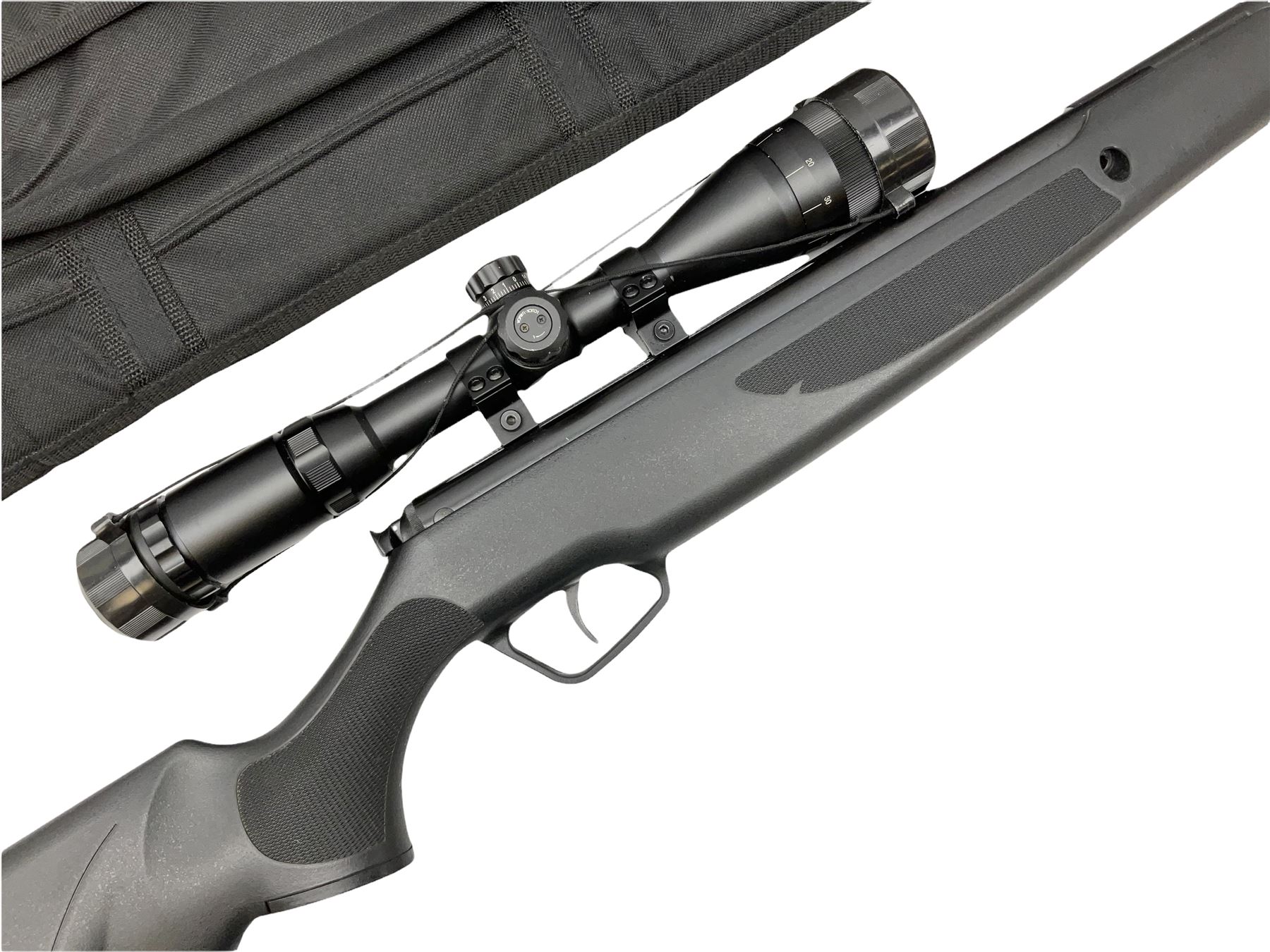 Stoegar .177 air rifle with break barrel action, 3 x 9 telescopic sight and fully integrated sound moderated barrel, no visible serial number, L109cm; in Stoeger lined gun sling