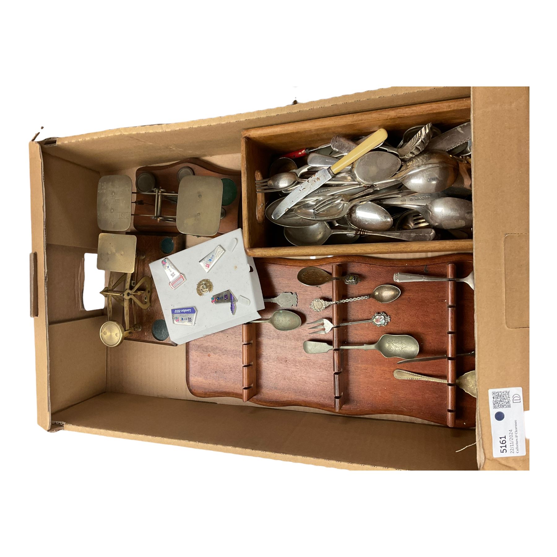 Set of London 2012 pin badges, two pairs of letter scales, together with Wooden box marked Hogwarts School of Witchcraft and Wizardry and other collectables 