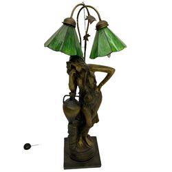 Large Italian style figural lamp depicting Rebecca with urn, two branches fitted with green glass shades