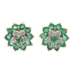 Pair of 9ct gold emerald and diamond flower cluster stud earrings, hallmarked 