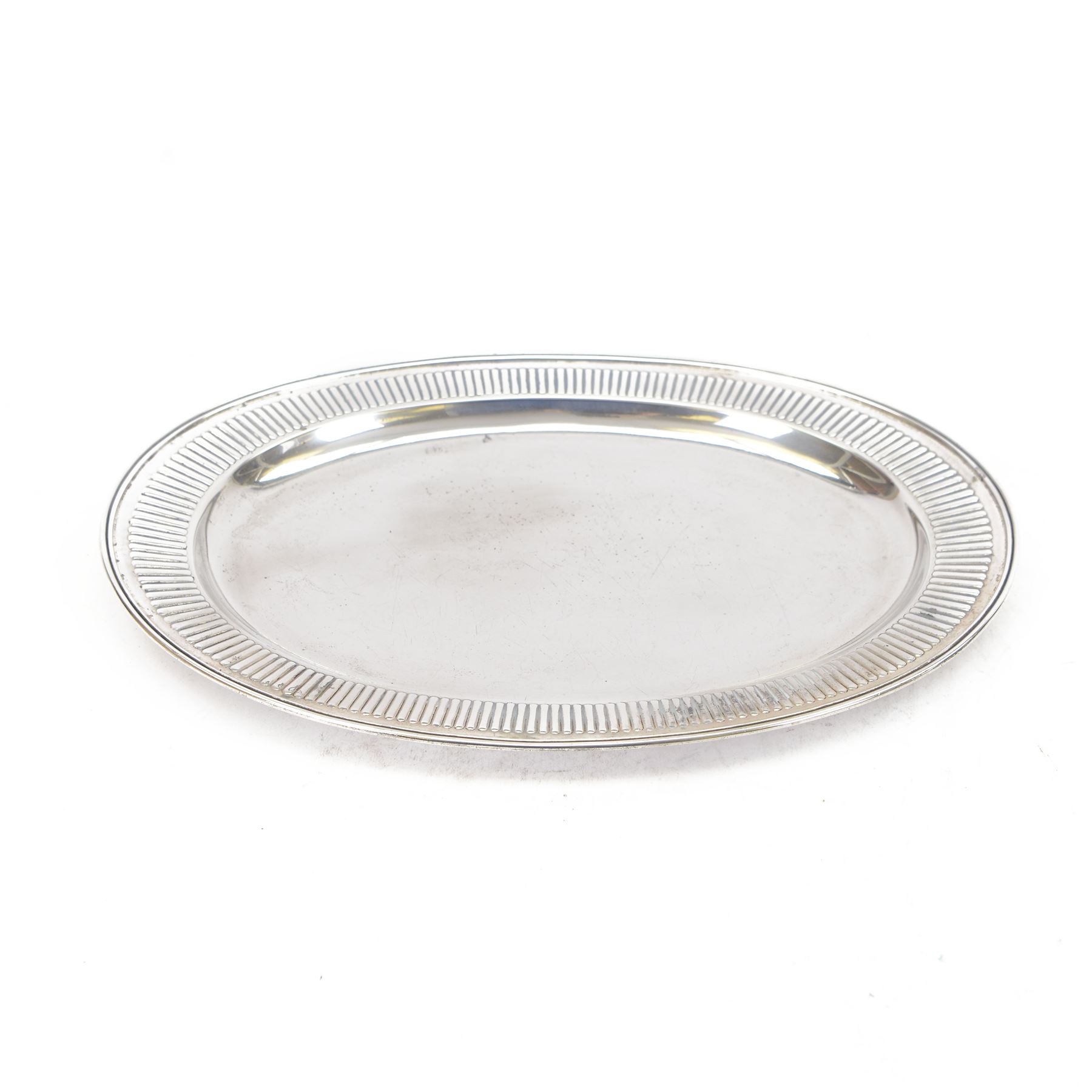 American silver tray, of plain oval form with embossed rim engraved to underside with monogram, stamped Sterling with maker's marks for Gorham, W24cm, L36cm