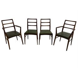 Richard Hornby for Fyne Ladye - set of six (4+2) mid-20th century dining chairs, ladder back over green faux leather upholstered drop-in seat, on tapering supports