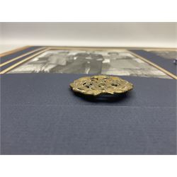 Warrant Officer Gordon Pearce D.F.C. R.A.F.V.R. - display of five medals comprising copy Distinguished Flying Cross, copy Air Crew Europe Star, 1939-45 Star, 1939-45 War Medal and Defence Medal; framed with RAF cap badge, two copy photographs in uniform and copy of investiture letter; mounted and glazed in pine frame 34 x 66cm