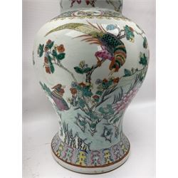 Pair of 19th century Chinese Famille Rose vases and covers, each of baluster form with domed cover and ball finial, decorated in polychrome enamels with cockerels amongst rockwork, prunus blossom and peonies, H48cm