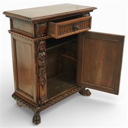 19th century Italian walnut Renaissance Revival side cabinet, the moulded rectangular top above a frieze drawer carved with vertical fluting and a central rosette, with egg-and-dart moulded rails to the top and base, acanthus-carved corbels below, the panelled cupboard door framed by beading and guilloche ornament, flanked by carved caryatids modelled as classical female architectural supports with foliate terminals, raised on paw feet