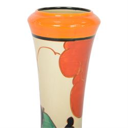 Clarice Cliff Red Autumn vase, shape 187, circa 1930 hand painted with a stylised tree and cottage landscape in red, black and green with orange and black banding, FANTASQUE and Bizarre mark beneath, H22cm