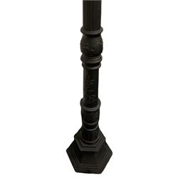 Victorian style cast iron street lamp, fluted column with hexagonal base, four glass lantern top