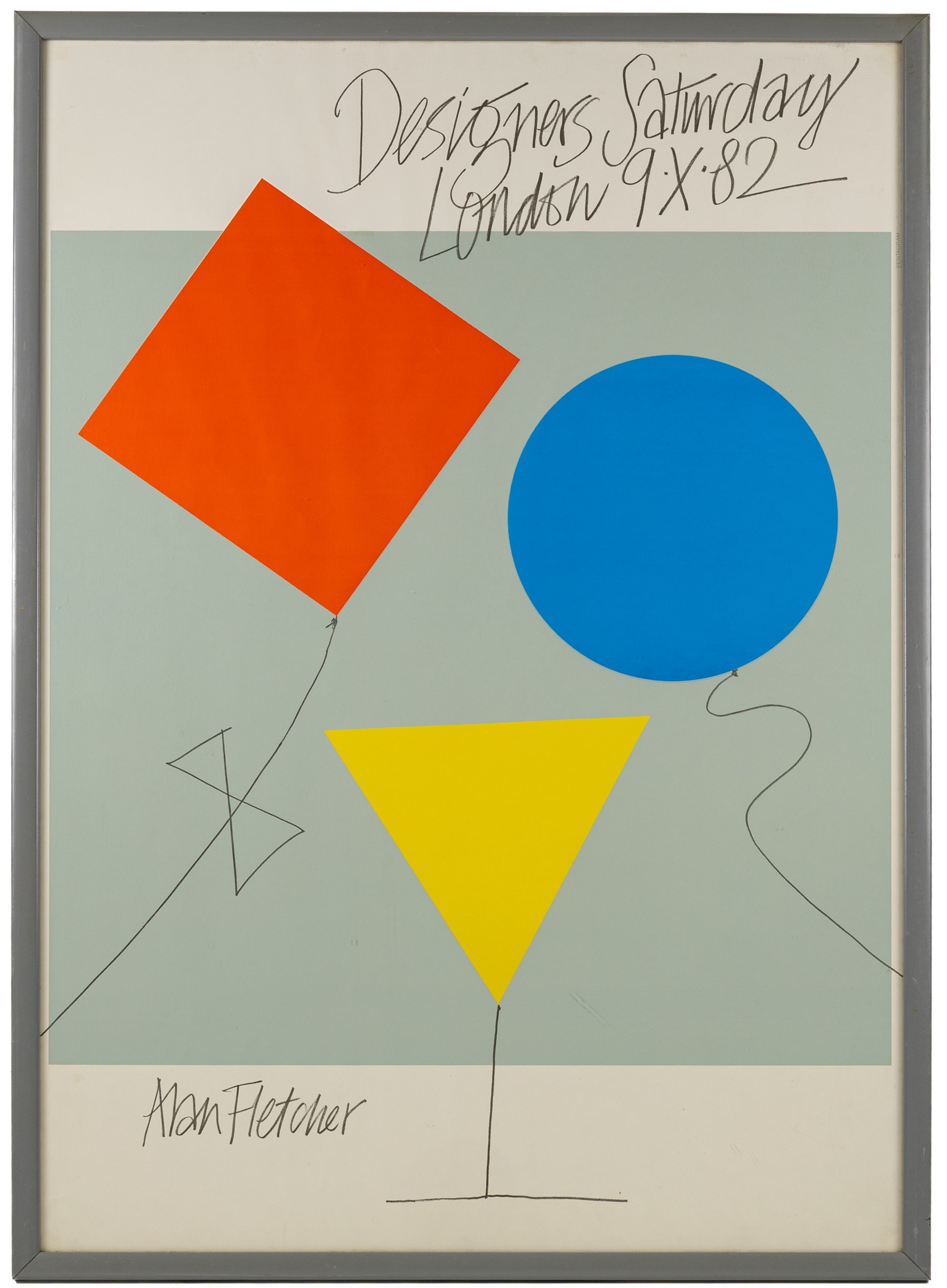After Alan Fletcher (British 1931-2006): Designers' Saturday London 9th October 1982, printed poster 82cm x 57cm
Notes: This event, held at multiple showrooms across London, gave interior designers and architects the opportunity to meet with suppliers outside of regular working hours. The idea originated in New York, and has since been repeated in many major European cities, and still takes place in Oslo.