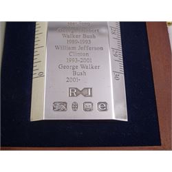 Modern silver 'Presidents Rule' ruler, by Richard Jarvis of Pall Mall, engraved with the names and dates of American Presidents from 1789 to 2001,  hallmarked Richard Jarvis, London 2004, L33.5cm, within silk and velvet lined fitted case
