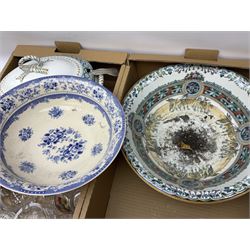 Large Victorian twin handled soup tureen and cover, decorated with a geometric pattern, together with a large wash bowl, blue and white wash jug and basin, other ceramics and glass, in two boxes   