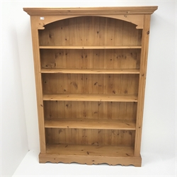 Solid pine 6’ open bookcase, projecting cornice, four shelves, plinth base, W132cm, H184cm, D32cm