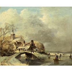 Dutch School (20th century): Skaters on a Frozen Lake, oil on canvas indistinctly signed 50cm x 60cm