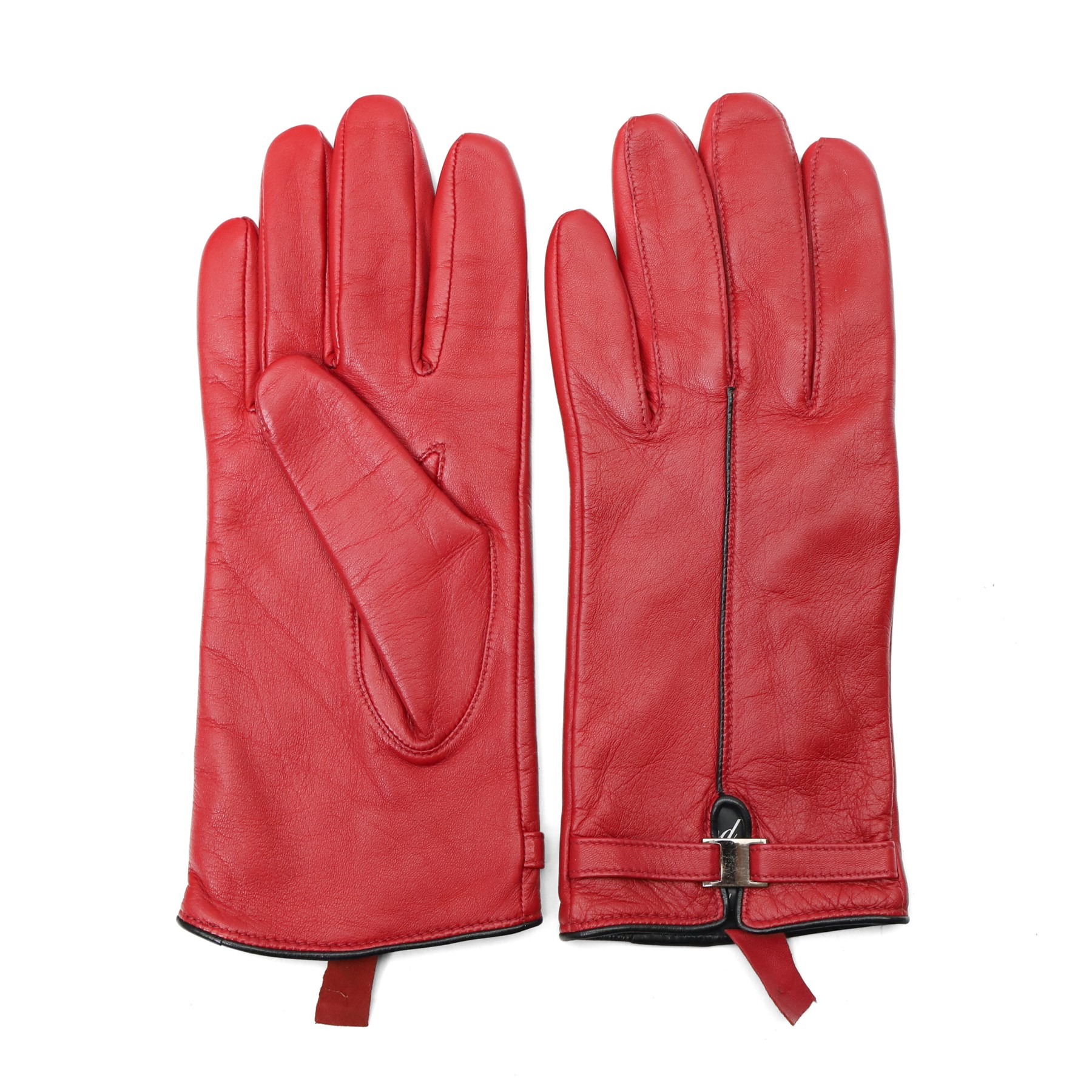 Harrods, Jaeger and others - five pairs of ladies’ leather gloves, comprising red Harrods studded gloves, brown Jaeger buttoned gloves and three further Italian pairs