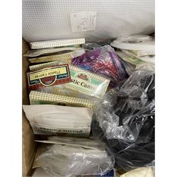 Haberdashery Shop Stock: Reels of Slyko Supreme & Raylon Madeira thread, Creative Craft pompoms and other craft-making supplies, boxes of Anchor Pearl Cotton, perforated plastic canvases etc in three boxes