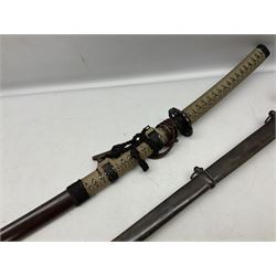 Reproduction Scottish officers basket hilt broad sword, the brass basket pierced with heart-shaped motifs lined with red lining, together with a reproduction Japanese Katana sword, longest L110cm