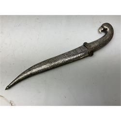 Indian Khanjar dagger with 28cm curving damascus steel blade inlaid with silver floral emblem, white metal and niello style grip in the form of a bird's head with pronounced beak and matching scabbard L44cm overall