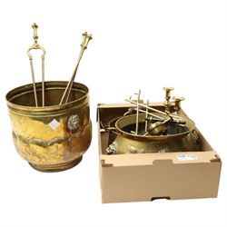 Collection of brassware, including fireside accessories, coal bucket, kettle and stand, tw...