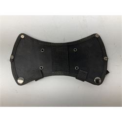 Estwing Black Eagle style double bit throwing axe with leather grip, virtually mint with labels present, plastic blade protectors and nylon sheath L43cm; another smaller Estwing axe stamped 24A to the pommel, with leather grip and sheath; and a vintage short handled hedge knife, the blade stamped IH (?) No.2 (3)