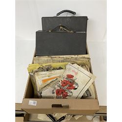 Two typewriters, quantity of vinyl records, pair of leather boots, fishing equipment, The Aeroplane magazines, maps, quantity of Matchbox die cast toy vehicles etc in three boxes