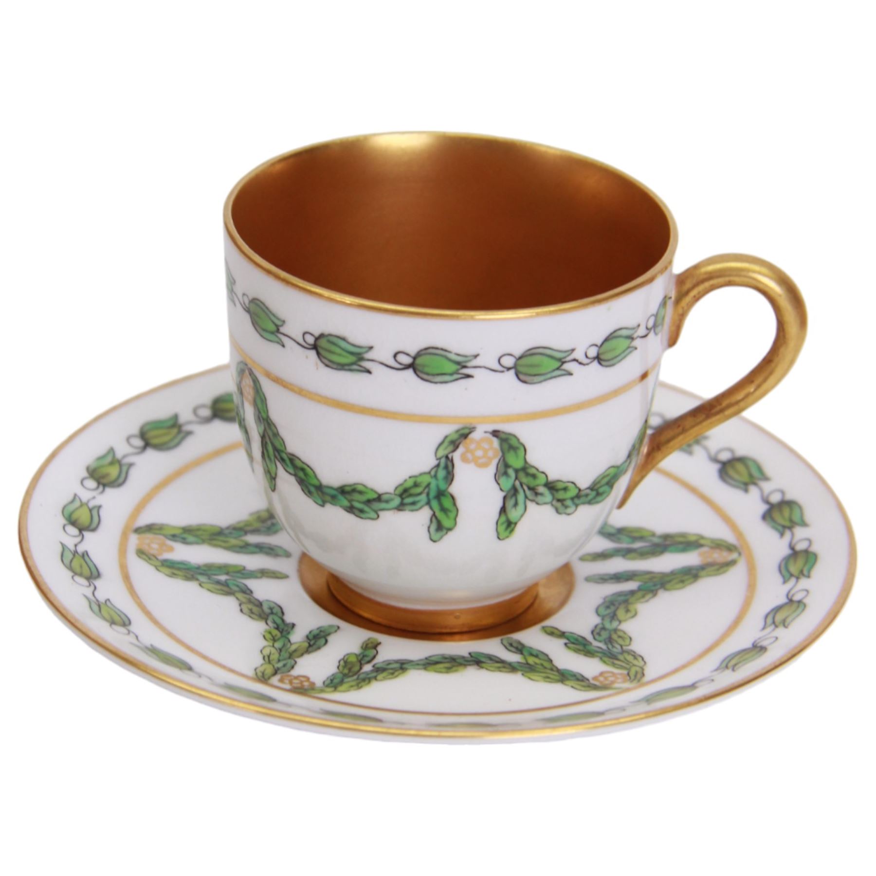 Six 20th century coffee cans and saucers, including Meissen, Royal Worcester and Dresden examples, all with internal gilt decoration