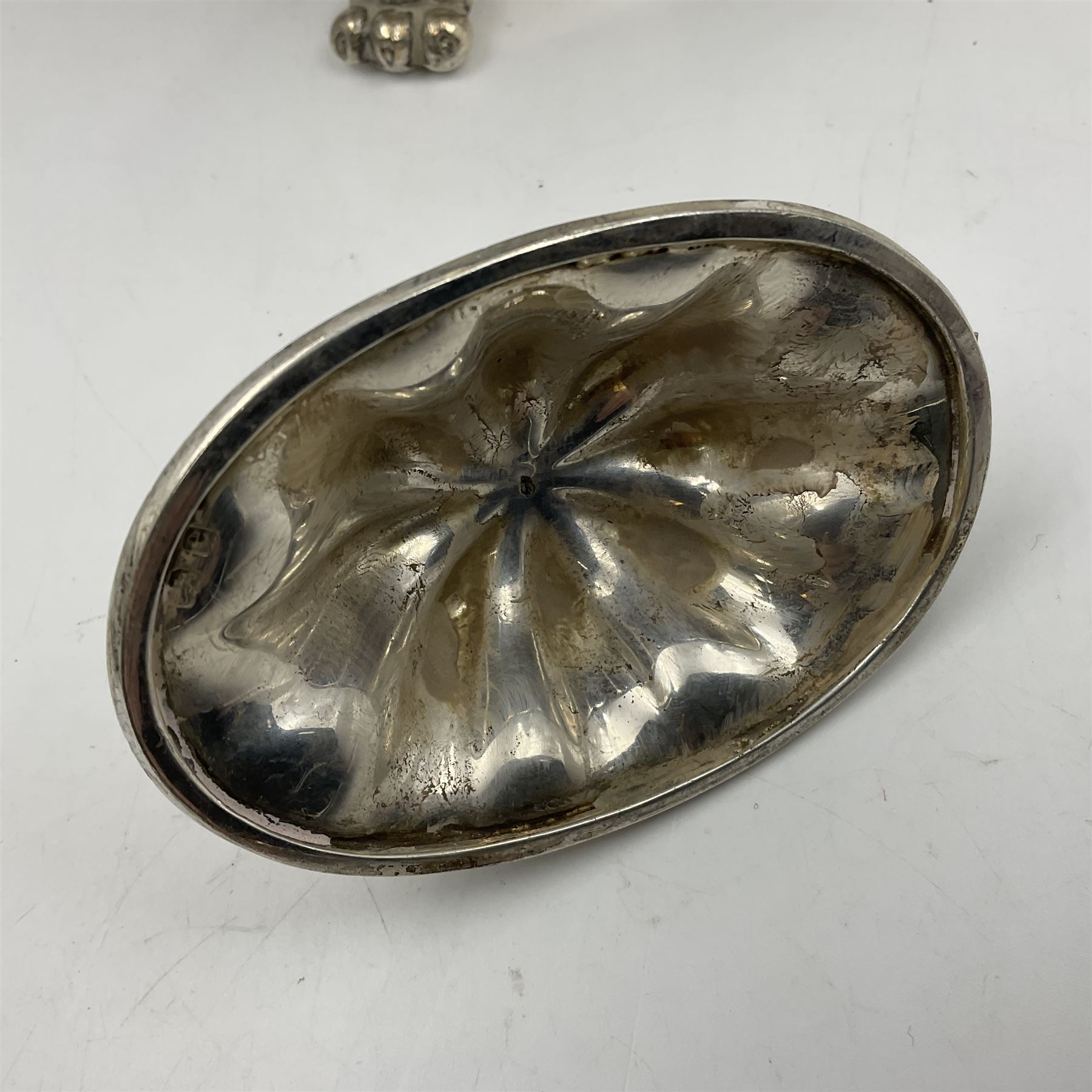 Five piece Edwardian silver tea service, comprising teapot and coffee pot, each with ebonised scroll handle, tea caddy with hinged cover, twin handled open sucrier, and milk jug, each of rounded bombe form, upon four paw feet, hallmarked William Adams Ltd, Birmingham 1904 and 1905, coffee pot H26cm
