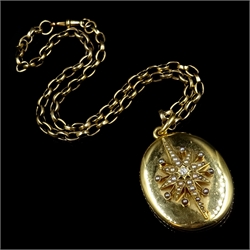  Victorian gold locket, with diamond and seed pearl star motif on 9ct gold belcher watch chain  