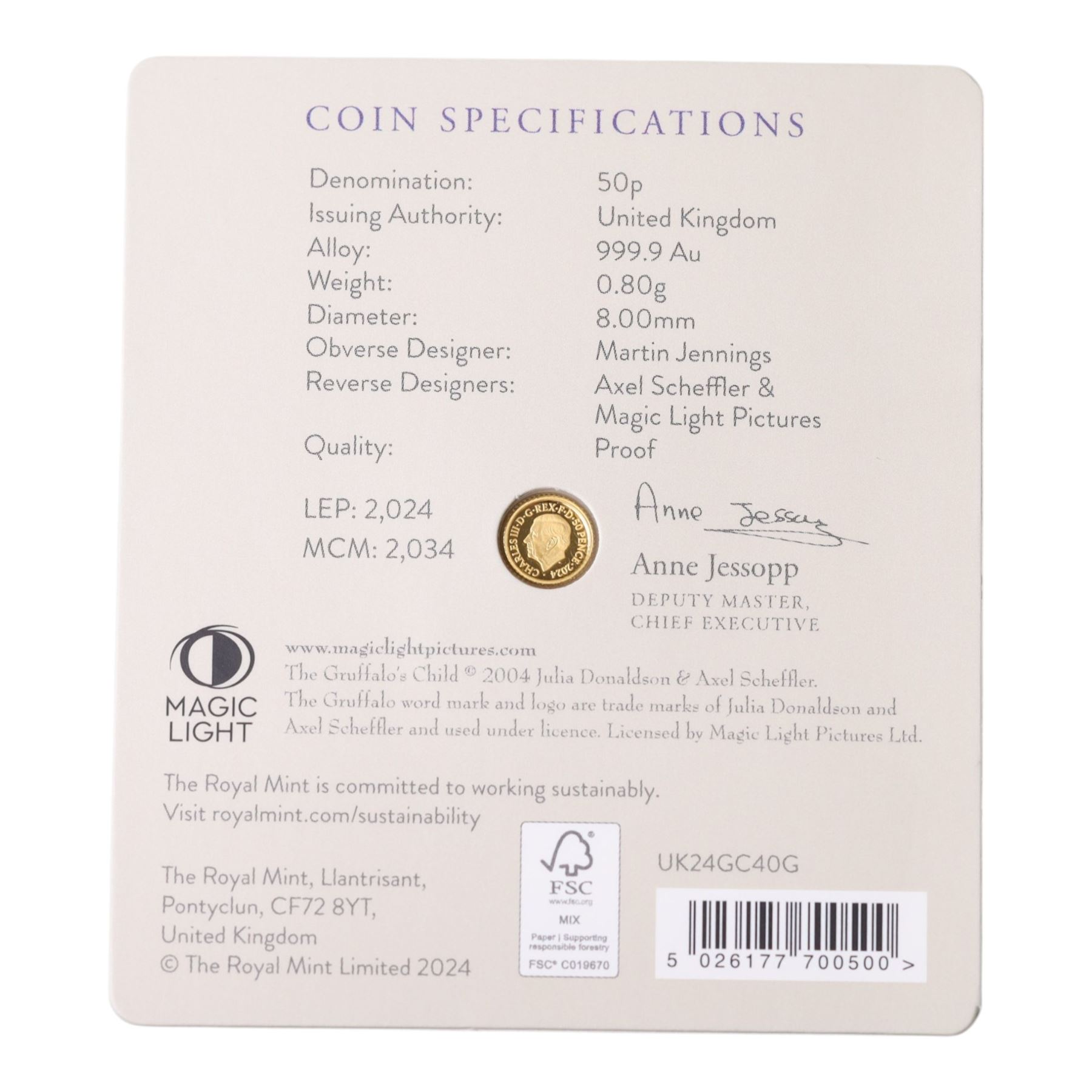 The Royal Mint United Kingdom 2024 'The Gruffalo's Child' 1/40 ounce fine gold proof fifty pence coin, on card