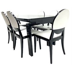 Casabella Dolce Vita black gloss and glass extending dining table, rectangular, and set six chairs black and white dining chairs