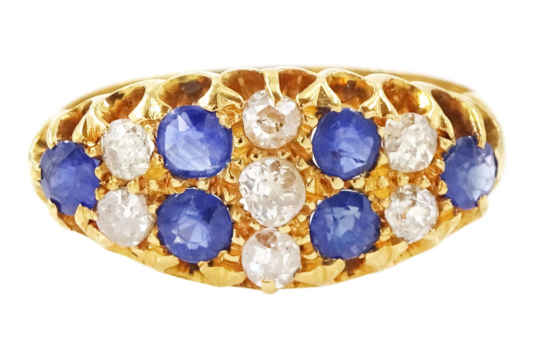 19th / early 20th century 18ct gold diamond and sapphire ring, three rows of old cut diamonds, each spaced by round cut sapphires, total diamond weight approx 0.50 carat