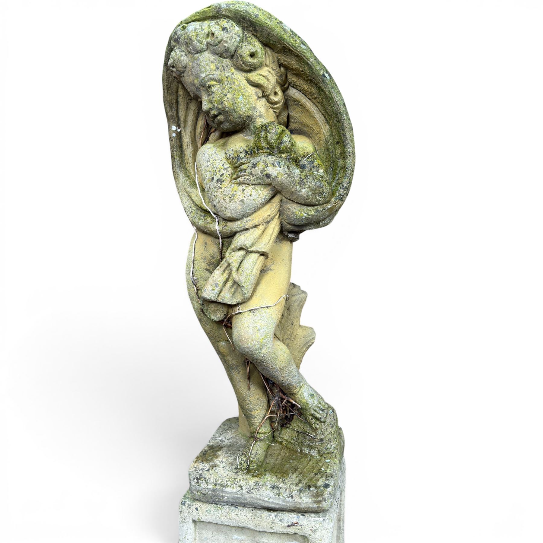 Collection of cast stone garden ornaments - three figure bird baths, figure on plinth, seated lion, lion, boy figure, and stone trough (9)