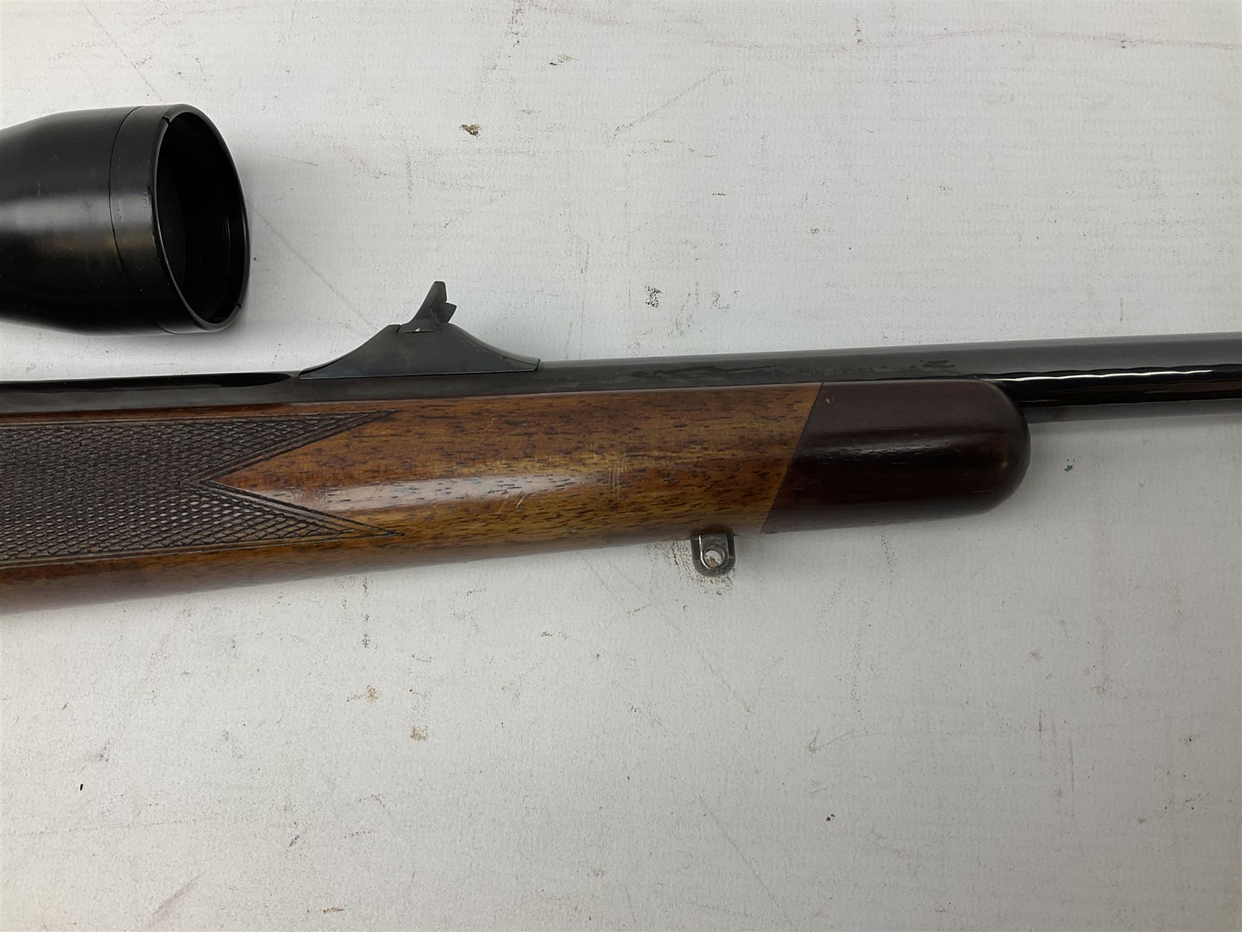 30-06 Steyr-Mannlicher Model M bolt-action rifle, the 61cm hammer forged barrel with side safety, double set trigger and lift-out rotary magazine, walnut stock with chequered pistol grip and fore-end and additional soft leather cheek piece, Pecar Berlin Champion 8 x 45 telescopic sight with quick release mounts, serial no.204791 L111cm FIREARMS CERTIFICATE REQUIRED OR RFD