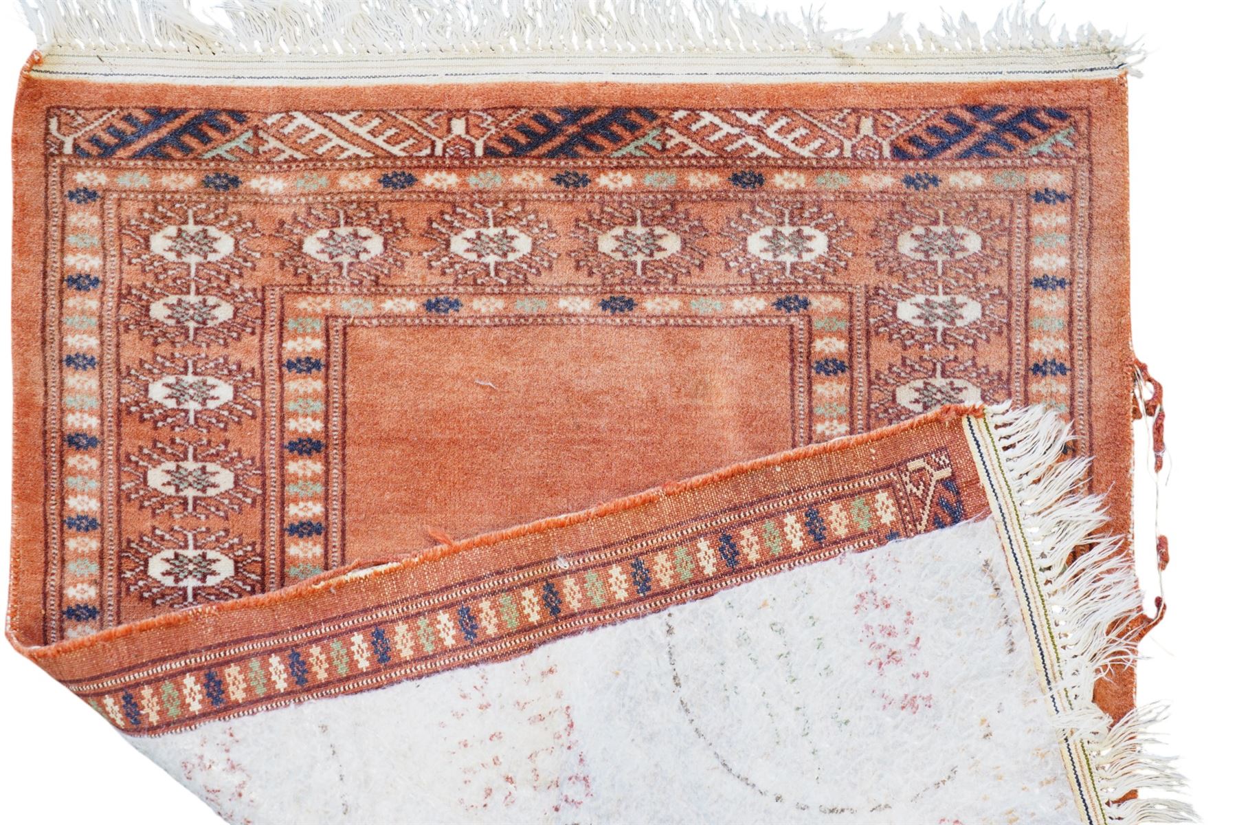 Small Afghan rust ground rug, plain field enclosed by patterned borders (94cm x 64cm); small Persian Hamadan indigo ground rug, decorated all-over with small flower head and bird motifs (118cm x 66cm); and a small Persian red ground rug (94cm x 62cm) (3)