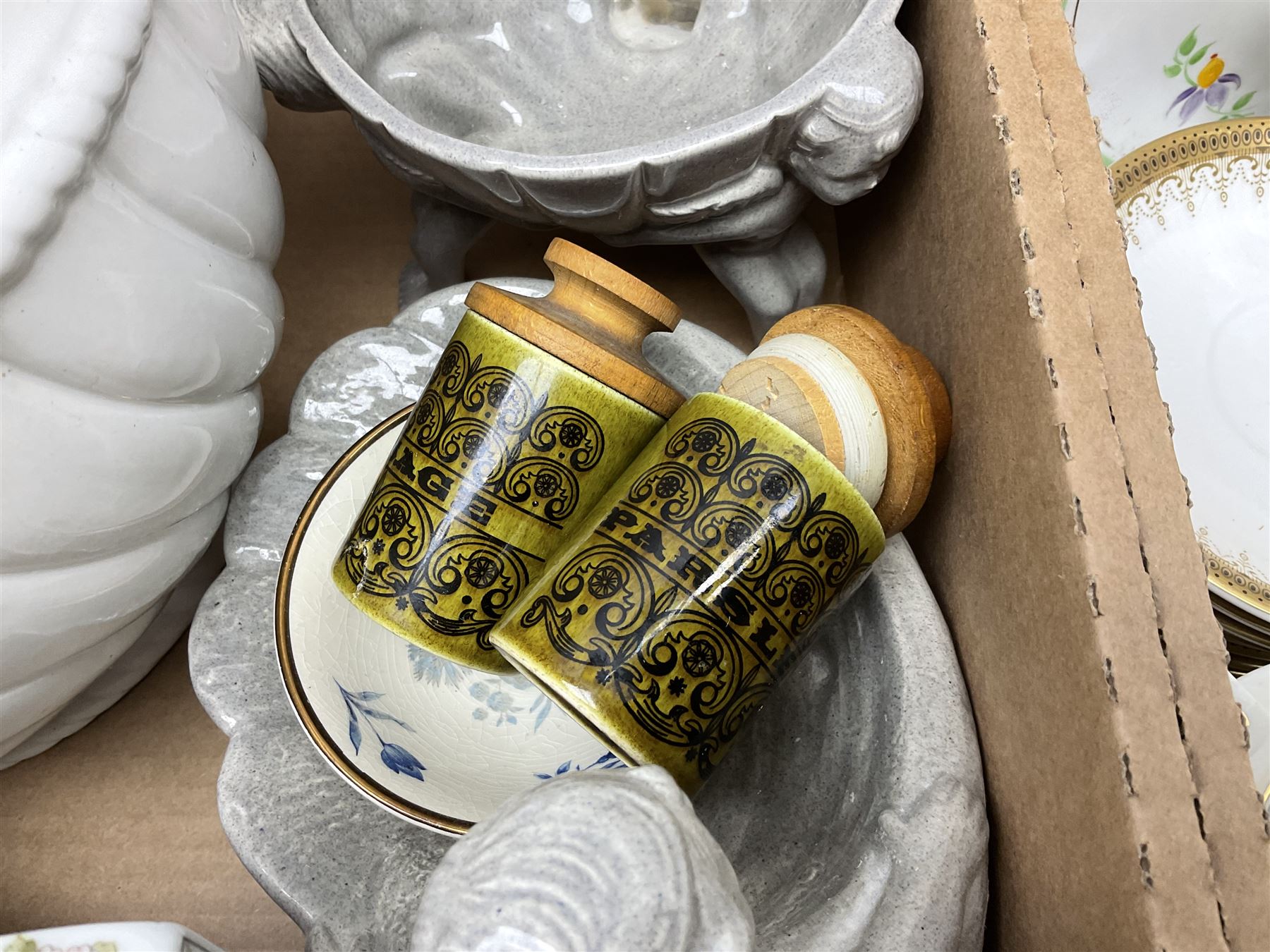 Doulton Lambeth Slaters vase of baluster form decorated with flowers, Chinese ginger jar in the form of a pumpkin, three Le Creuset red ramekins, Hornsea, Paragon Athena pattern tea wares, jardinière and other ceramics in two boxes 