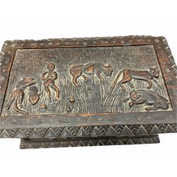 19th century carved oak box, carved with figural panels possibly depicting biblical scenes, H15.5cm L34cm D20cm