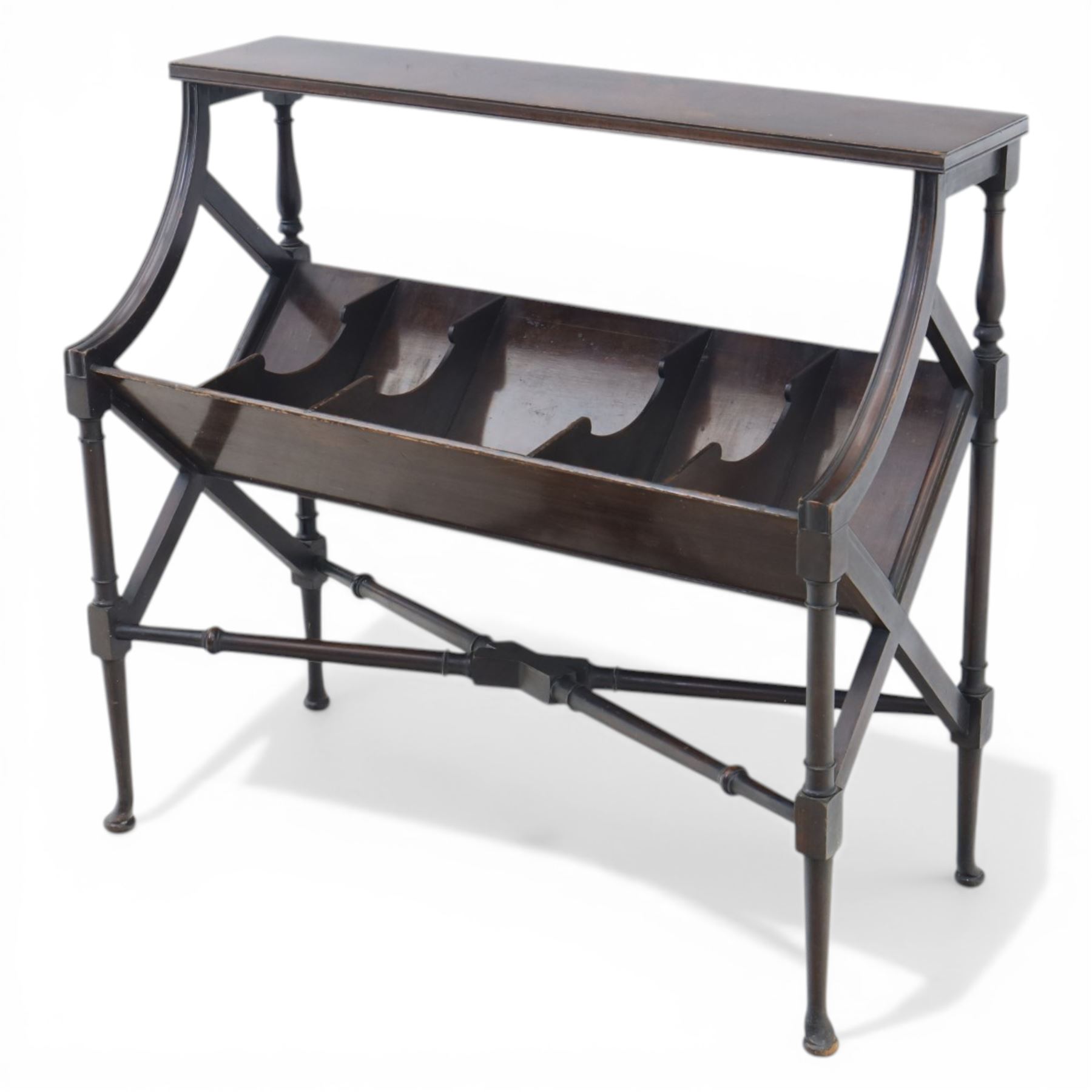 Early 20th century mahogany bookstand, rectangular top over sloped book trough with four divisions, on turned supports with X-shaped stretcher base