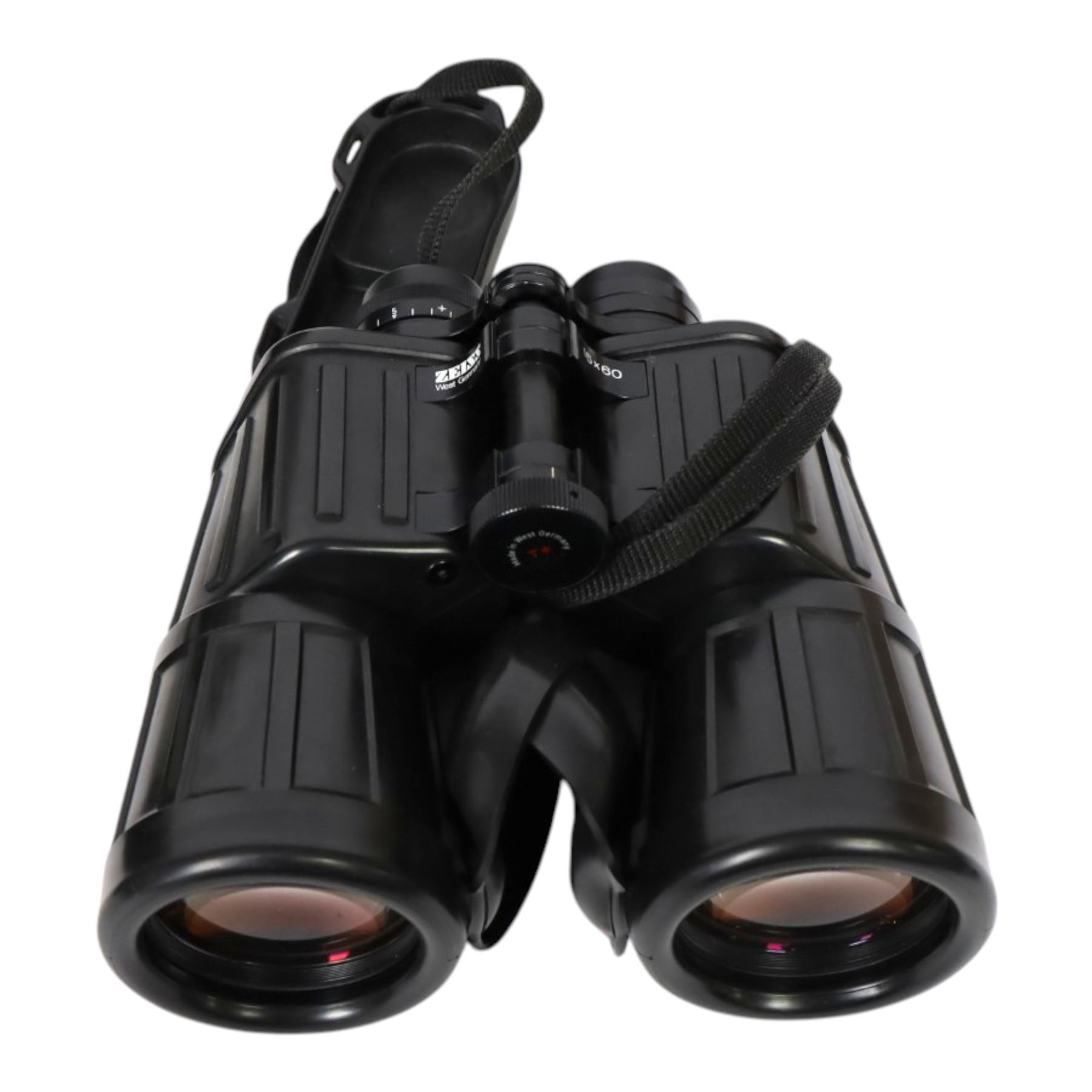 Pair of Zeiss 15x60 T* Marine Binoculars, black rubber armoured body with attached rubber lens covers, serial number 205269, made in West Germany, with Carlton soft carry case and long strap