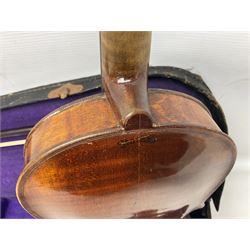 German trade violin c1900 the 36cm two-piece maple back impressed 'Stainer', maple ribs and spruce top, bears label 'Jacobis Stainer in Absam prope Oenipontum 17**' L59cm; in carrying case marked 'The Improved Dome' with bow
