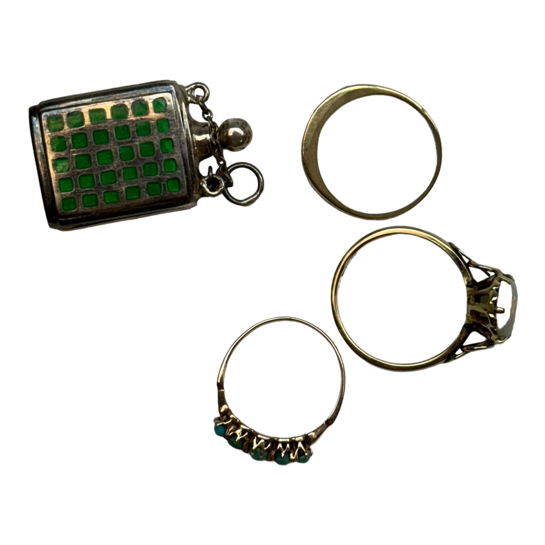 14ct gold single stone opal ring, two 9ct gold stone set rings including turquoise and amethyst and topaz and a silver enamel scent bottle pendant