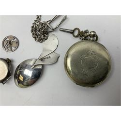 Pair of Georgian silver dress buttons, silver caddy spoon, silver fob medals, silver watches, set of six silver plated teaspoons, set of gilt buttons with ship design, etc
