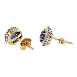 Pair of gold and platinum sapphire and diamond circular cluster stud earrings, total sapphire weight approx 1.20 carat