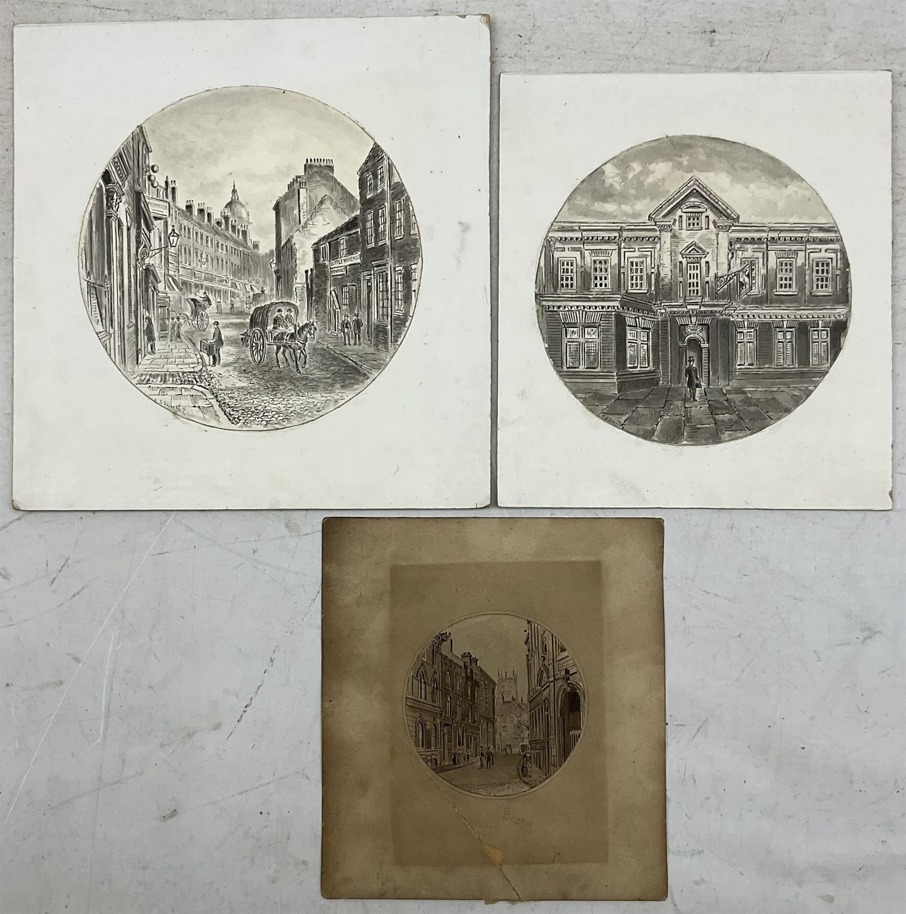 Frederick Schultz Smith (Hull 1860-1925): 'Old North Bridge Hull', monochrome watercolour and ink signed and dated '97, titled in a later hand verso 8.5cm x 12cm; Hull Views, three circular watercolours, two signed, max dia. 15.5cm (unframed) (4) 
Notes: Born in Worthing, Sussex in 1860, F S Smith came to Hull as a small child and lived most of his life in the old St. John's Wood area in west Hull; he was still drawing in his sixties shortly before his death in 1925. Much like his near contemporary and fellow Yorkshire artist Albert Thomas Pile (1882-1981), his drawings are visual 'snapshots' in time, often produced to record buildings that were due to be demolished. Smith was commissioned to produce around three hundred drawings for C E Fewster, a paint maker in Hull who collected historical records. Some were also used as illustrations in books and newspapers, such as the Eastern Morning News, whilst others were sold to the owners of premises which he had drawn.