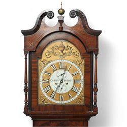 John Henry Coates of Wakefield- late19th century oak and mahogany 8-day longcase clock c 1860, with a swan necked pediment and central brass ball and spire finial, break arch hood door flanked by unusual turned pilasters, trunk with recessed rectangular corners and a wavy topped door, on a square plinth with conforming recessed corners and raised on a shaped base, fully painted dial with matching decorative rococo painted decoration to the spandrels and arch, with 