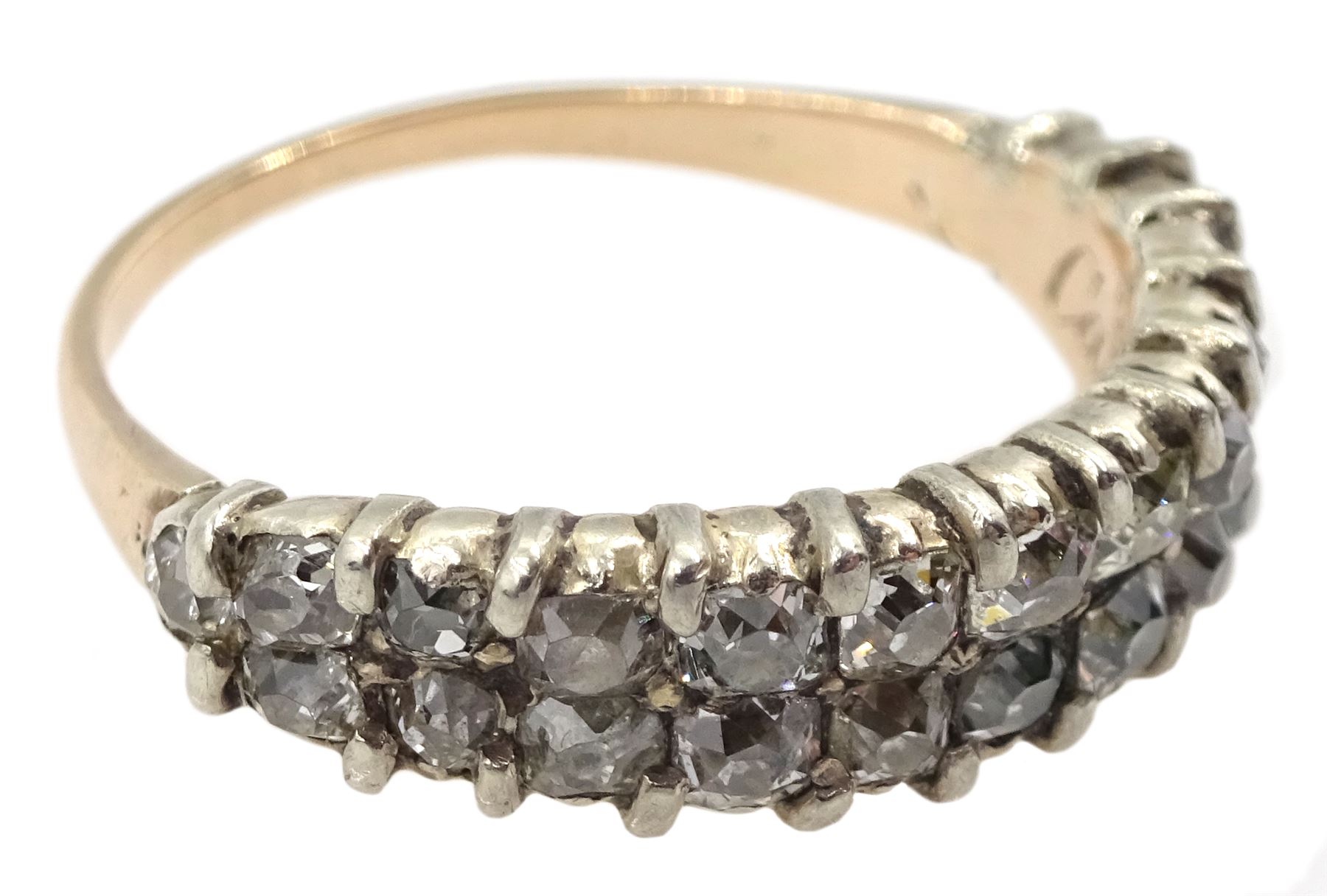 19th century gold and silver two row old cut diamond ring, the inner shank inscribed 'Catherine Tracy 1852'