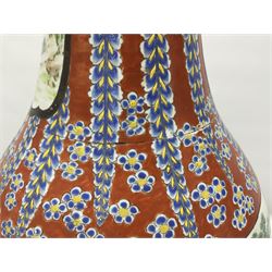 19th century Chinese floor vase of baluster form, hand painted with warriors and the emperor, the neck decorated with floral patterns and panels with landscapes, H64cm