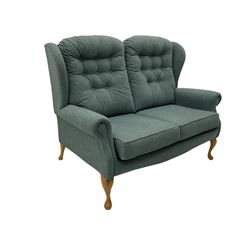 Sherborne England Lyndon two seat wing back sofa, upholstered in Highland Baltic fabric, light oak legs