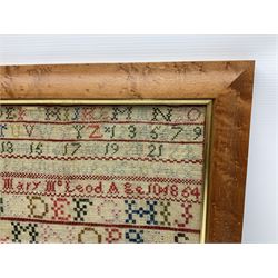 Victorian sampler by Mary McLeod Age 10, and dated 1854, depicting a three storey house with animals in garden to the fore, flanked by trees and peacocks, beneath bands of alphabet and numbers, in birdseye maple frame, overall H52cm W41.5cm