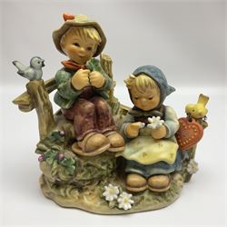 Three Hummel figure groups by Goebel, comprising Wishes Come True, on wooden plinth, First Love and Togetherness, tallest including plinth H21cm