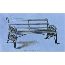 Coalbrookdale - rare pair of wrought iron and slatted wood garden benches, the twin wrought iron strapwork bench-ends formed of four scrolls over splayed feet, number 77 in the Coalbrookdale Castings Catalogue (see illustration)