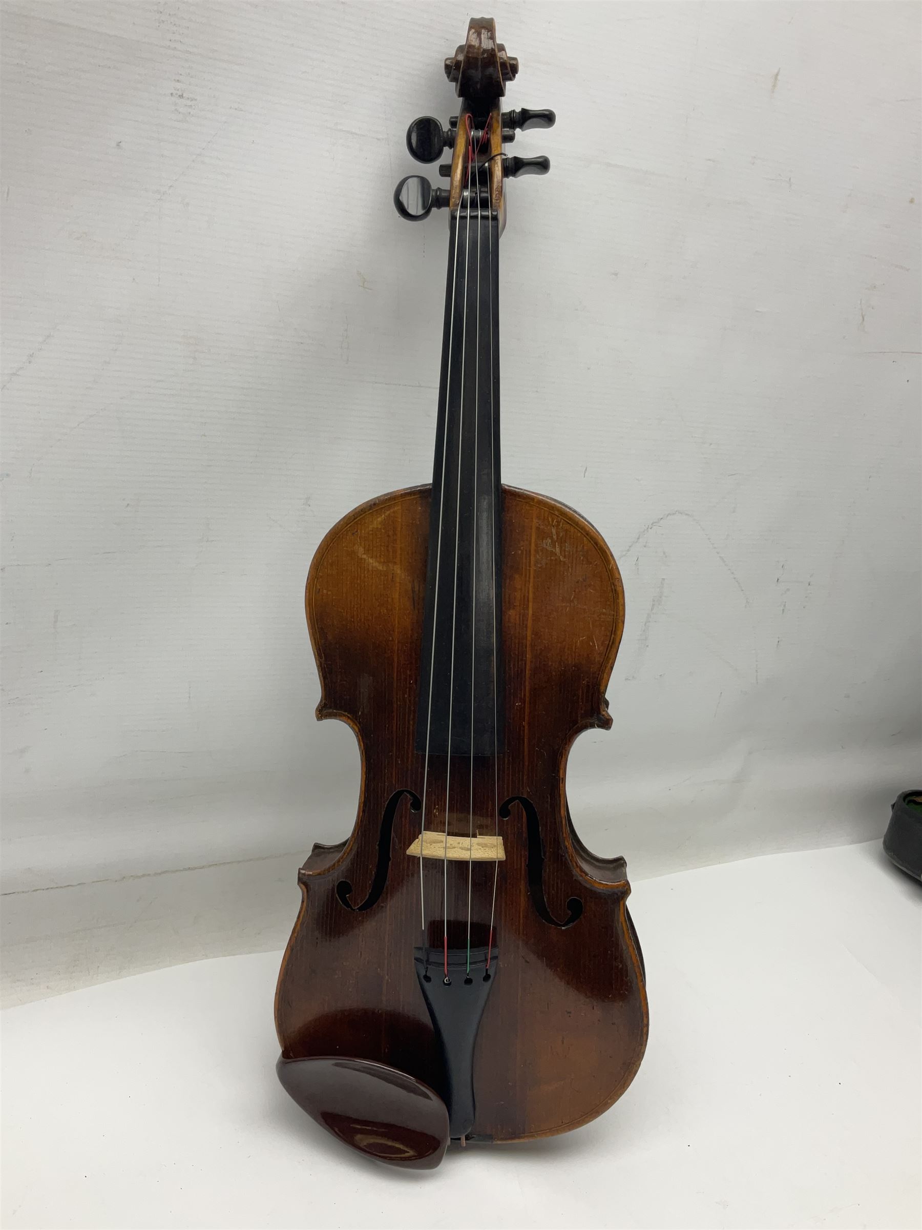 German trade violin c1900 stamped PAGANINI with 35.5cm two-piece maple back and ribs and spruce top L58.5cm overall; in carrying case; and another German trade violin for spares or repair; in carrying case (2)